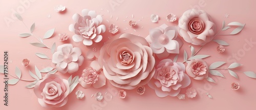 Rendering, abstract paper flowers, bridal bouquet, decorative floral design elements on a peachy rose pink background.