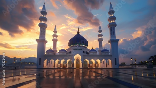 A majestic mosque bathed in the soft glow of sunset, with its white walls and blue domes reflecting the vibrant hues of nature's palette
