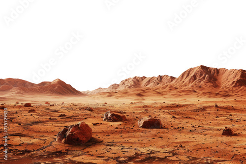 Martian landscape isolated on transparent background. Barren desert surface of red planet