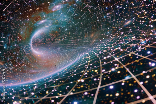 Wormhole tunnel in space showcasing concept of relativity. Curvature of time and space near a black hole