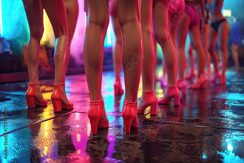 female legs of crowd of prostitute girls and high heels at night on street