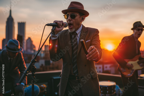 Energetic vocalist and band play on rooftop with sunset and cityscape backdrop.