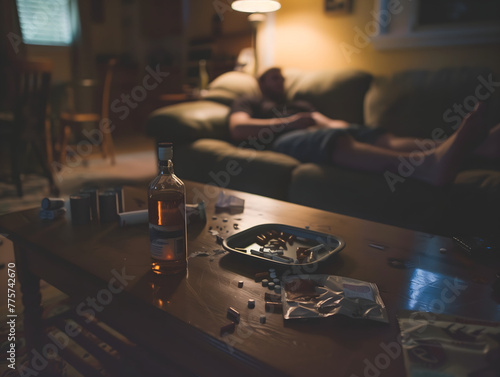 A dimly lit living room scene with a person relaxing on a couch, amidst scattered evidence of solitary indulgence in whiskey and cigarettes. 