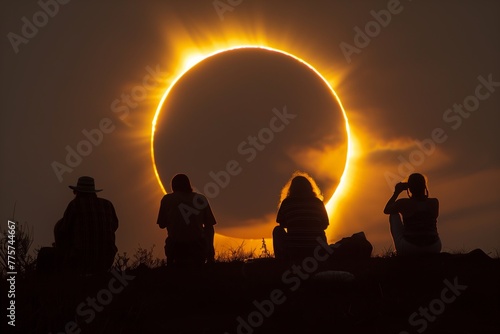 Silhouettes of people looking at the eclipse of the sun during sunset and sunrise