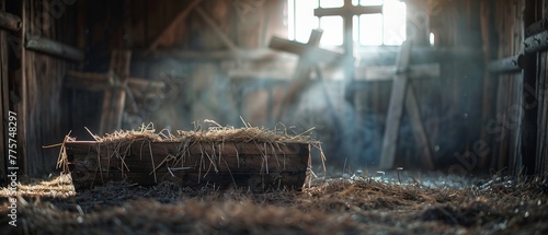 The wooden manger and three wooden crosses