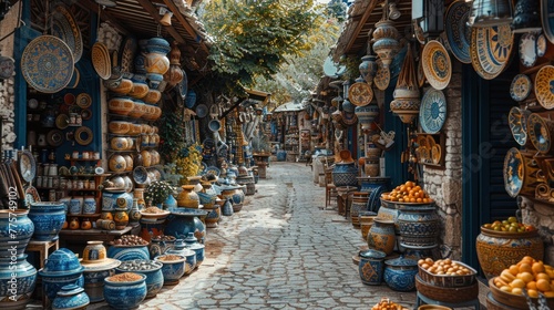 Old narrow street in traditional Arabian Bazaar Market. Small shops sell ceramics, carpets, spices, fruit and souvenirs
