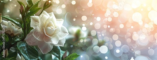 a white gardenia blossoming on the right side of the frame, against a backdrop of enchanting bokeh lights, leaving ample space on the left for text or captions.