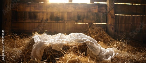 Stable with manger filled with hay and soft cloths on top