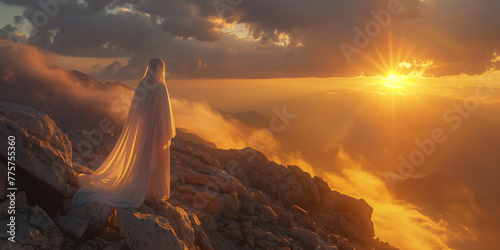 Angelic person praying to God on a mountain top with sunset. Christian devotion and prayer with serene view.