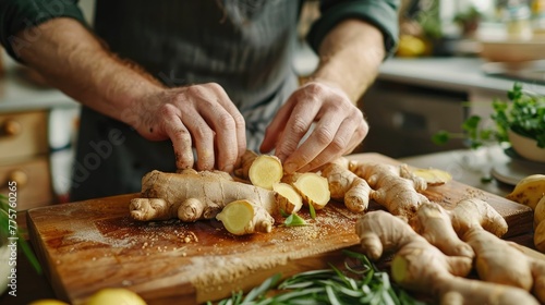 An intimate kitchen scene, someone preparing a ginger root digestion aid, with the focus on the texture and color of ginger