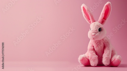 Pink rabbit doll with big ears isolated on pink background