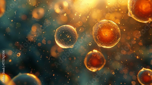 Cellular cosmos, Inner workings of cells, Miniature universe exploration, Photography, Golden hour lighting, Lens Flare effect