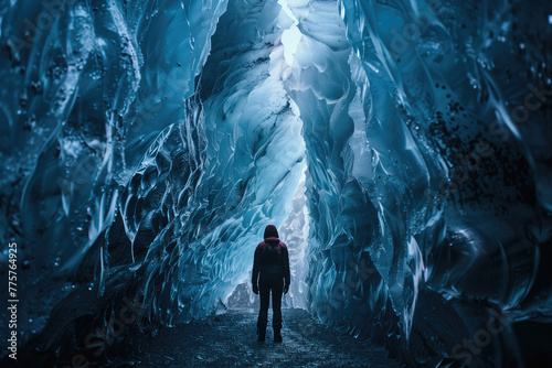 Tourist exploring majestic Icelandic ice cave. Wonderful nature of Iceland.
