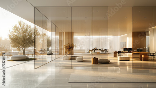 A large, spacious interior with glass walls and minimalist furniture in light colors. The space is filled with natural sunlight that illuminates the entire room. Created with Ai