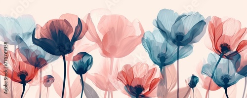 soft colors tenue palette of spring elegant flowers bouquet with x-ray effect on a pastel background. A modern abstract art design in the style of vector illustration for fashion, textiles, print or w