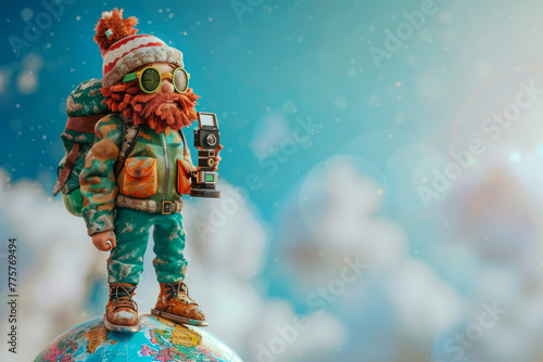 Animated traveler with camera on snowy globe