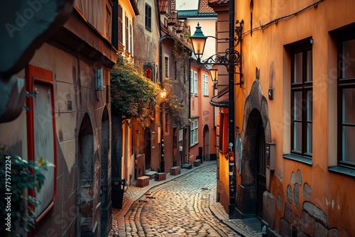 This photo showcases a typical narrow cobblestone street in a charming European city.