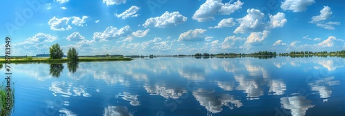 Lake Sky Panorama: Reflection of Blue Sky and Clouds in Calm Water of Kama River