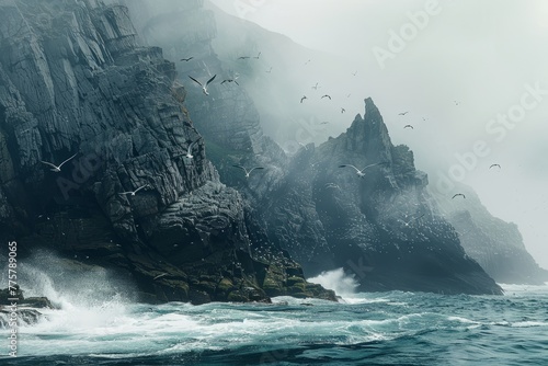 Seagulls Flying Over Mist-Enshrouded Seaside Cliffs