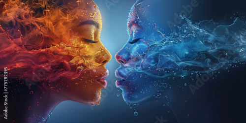 Silueta de dos rostros femeninos, representando los conceptos de tierra y fuego y el otro el aire y agua, elementos terrestres, día internacional del beso, equilibrio entre los elementos, abrazo madre
