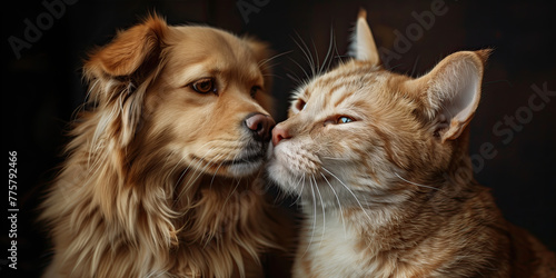 Un perro y gato, día internacional del beso, hocico, bigotes, sello, conexión, razas hogareñas, peludos, comida para mascotas, veterinarios, campaña vacunación, fondo negro