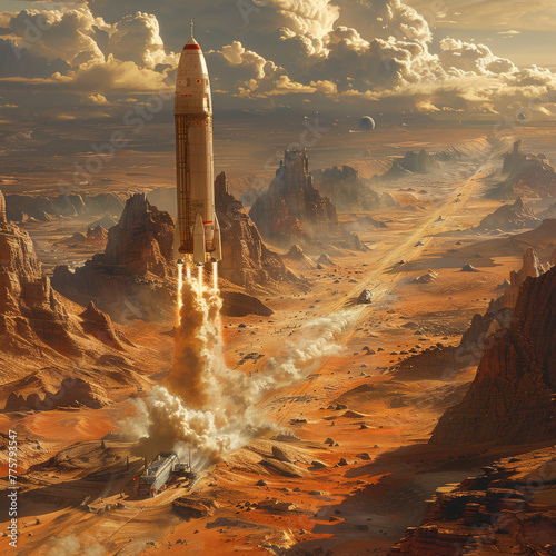 Interplanetare Reisen: Ein Raumschiff, das gerade von einer Raumstation auf dem Mars abhebt, um eine neue Kolonie auf einem anderen Planeten zu grÃ¼nden.