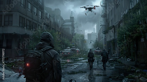 Fugitive group sneaking through abandoned city streets evading surveillance drones in a post-apocalyptic setting Stormy weather adds tension Photography