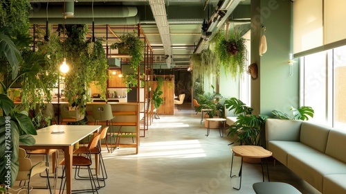 Green interior in coworking, eco-friendly dining room in a modern office
