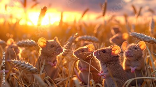 Mice in the harvested field in summer evening with setting sun. Group of wild animals in nature.