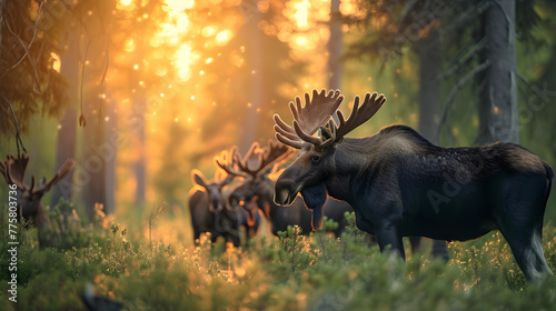 Moose family in the forest in summer evening with setting sun. Group of wild animals in nature.
