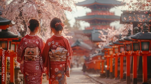During peak cherry blossom season in Japan, elegantly dressed Japanese ladies in Yukata attire pass by Shrine.