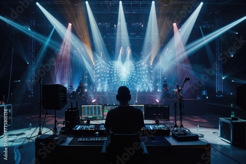 Sound engineer controlling live concert audio mixer.