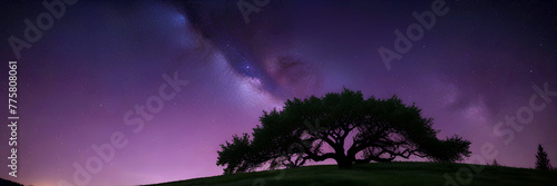 Beautiful Night sky with milky way, stars and big tree. Panorama. Generative AI