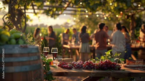 Rustic outdoor winery event with people enjoying wine tasting at dusk, decorated with ambient string lights and fresh grapes on table. Wine culture and social gatherings.