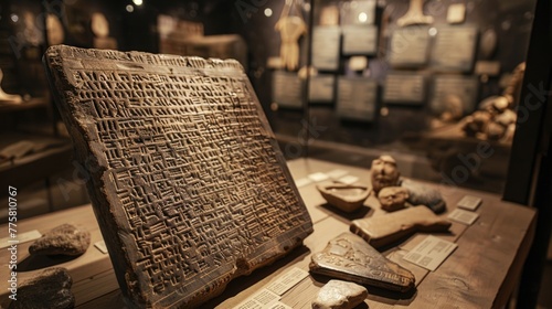 Ancient cuneiform inscription on clay tablet. Historical artifact display.