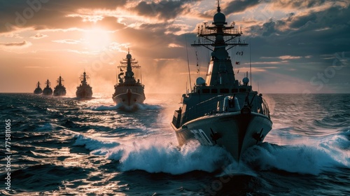 Naval military fleet on mission at sunset with dramatic ocean waves. Defense and maritime security.