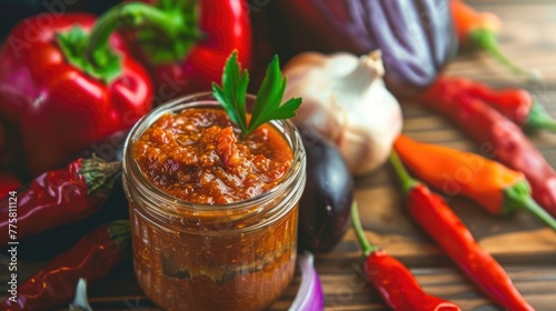 Jar of homemade spicy salsa with fresh vegetables on wooden background.