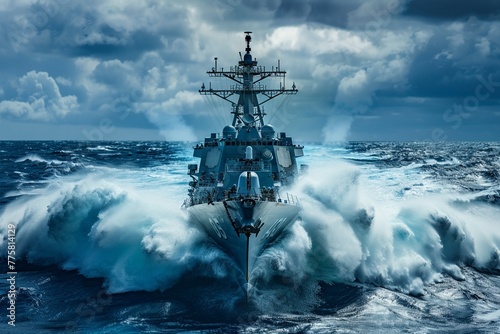 A powerful naval warship slicing through the ocean waves