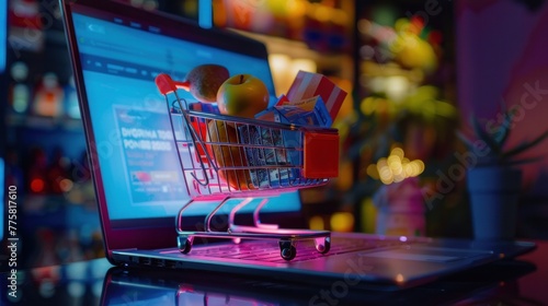 Detailed shot of a laptop screen showcasing a fully loaded shopping cart, illustrating the ease and diversity of online retail experiences.