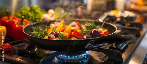 Vegetables cooking in a pan on a stove