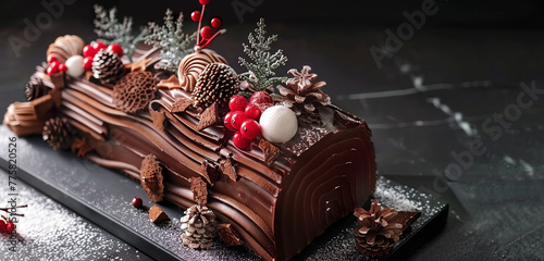 A festive chocolate yule log cake adorned with edible holiday decorations.