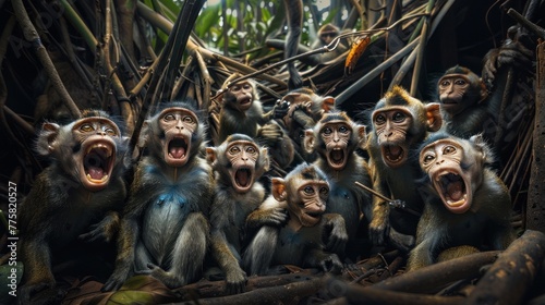 Jungle revelry of drunken monkeys. Whimsical scene amidst lush foliage. Energy and laughter in playful chaos.