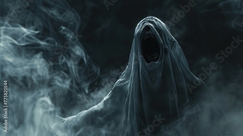 Halloween ghostly scream. Chilling scene as spectral ghost wails in eerie darkness.