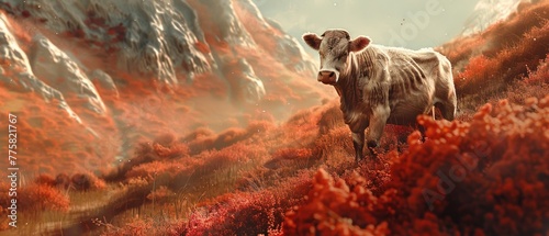 A surreal interpretation of a cow in a field blending into an abstract landscape made of beef textures