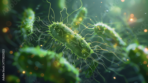 Bacteria on a green background. Pathogenic Salmonella bacteria