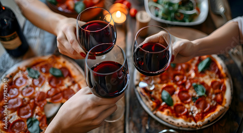 Top View of People Toasting with Red Wine with Pizza Background