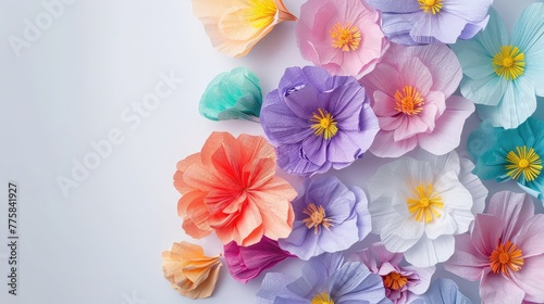 Colorful handmade flowers on a white background with copy space. Crepe paper. Master Class.birthday and Mother's Day. Decor for the holiday, flower background