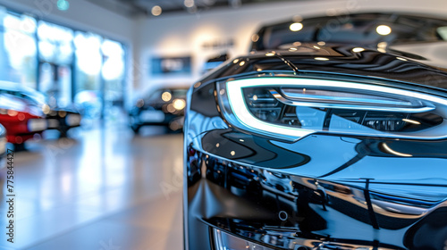 Sleek Showroom Elegance. A close-up view of a modern car’s headlight and glossy black exterior, displayed in a bright and spacious vehicle showroom.