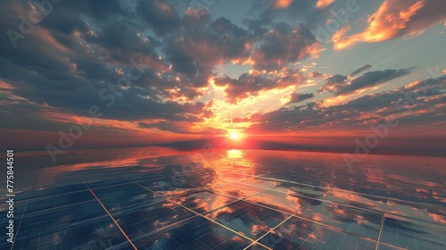 Ultra ecology and economic solar panel on sky sunset background. 