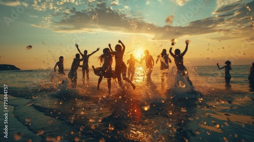 Healthy retreat group of happy young people dancing and spraying at the beach on beautiful summer sunset